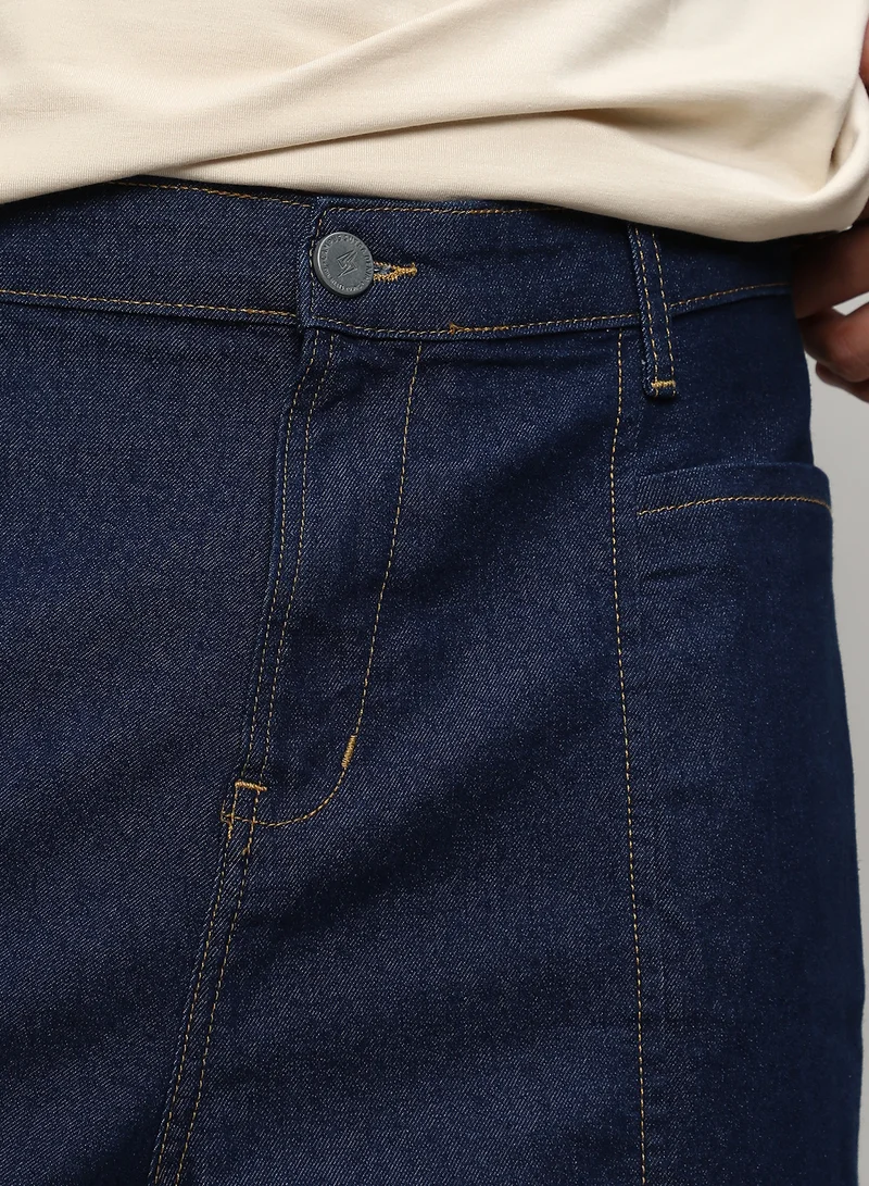 Campus Sutra  Men's Navy Blue Baggy Cargo Denim Jeans For Everyday Wear | Dark-Wash |  Button Closure | Oversized Fit | Denim Jeans Crafted With Comfort Fit For Everyday Wear for Men | Best Price UAE